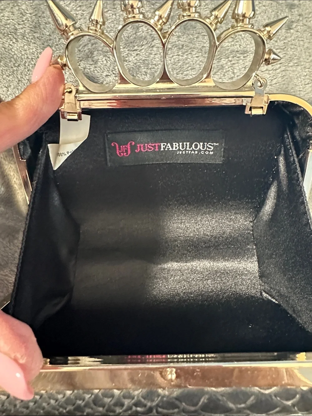 EUC Just Fabulous Studded Knuckle-Handle Black Clutch Bag w/Gold Chain